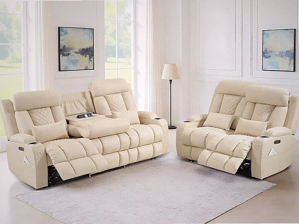 Beige Power Recliner Sofa Set with Adjustable Headrests for Ultimate Comfort
