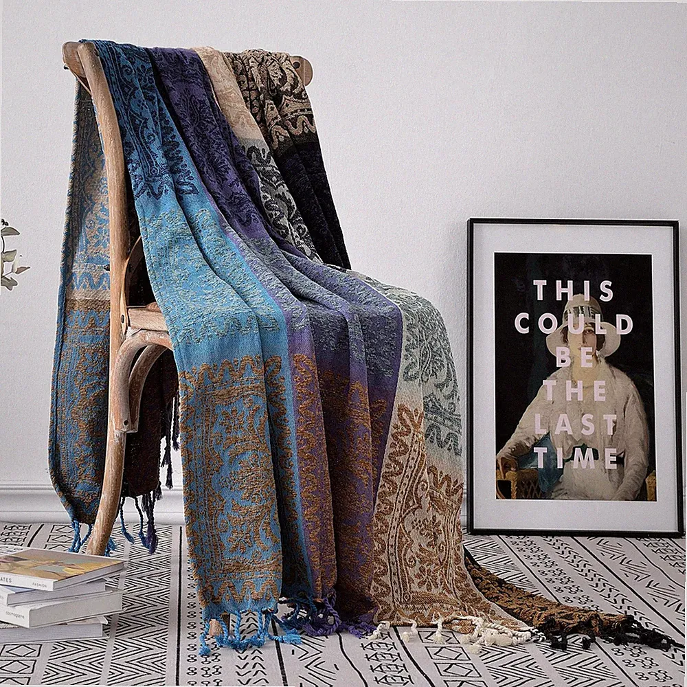 Boho Chair Cover Colorful Chenille Tassels Hippie Throw Blanket for Couch Bed...