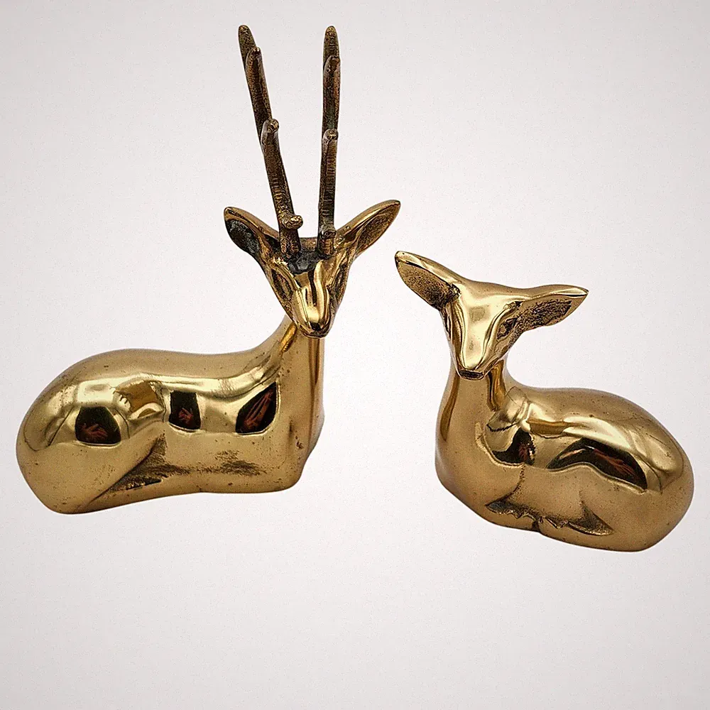 Brass Deer Figurine Set Small Gold Tone Vintage Mid Century Modern Reclining