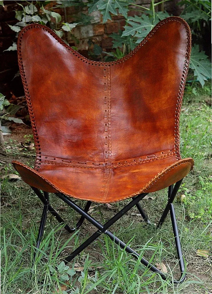 Handcrafted Leather Butterfly Chair Vintage Style Folding Sling Lounge Chair Pl