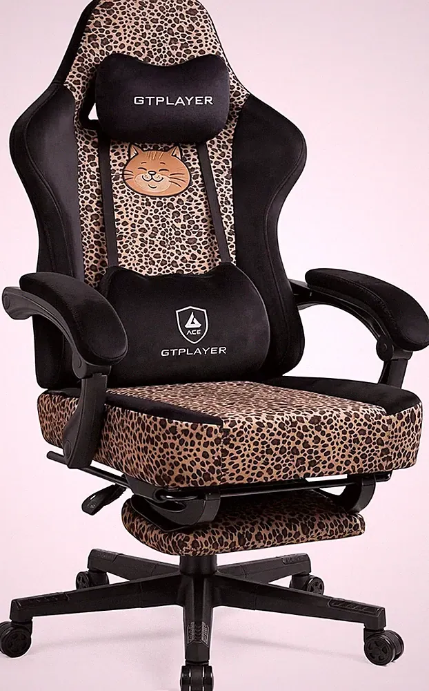 Leopard Print Gaming Chair - Ergonomic Velvet with Footrest & Lumbar Support