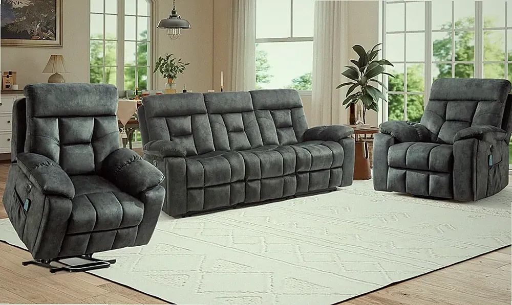 Luxury Grey Reclining Living Room Set with Massage, Heat & Power Lift Chairs