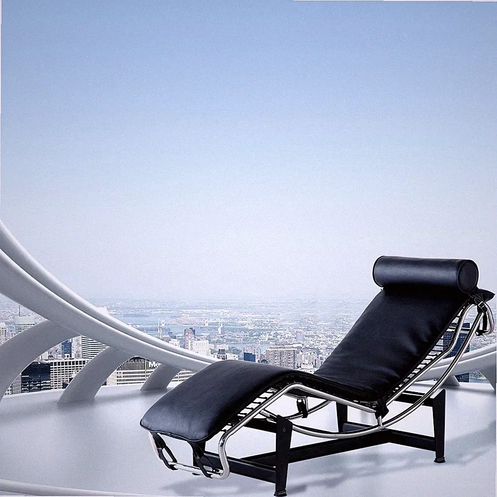 Mid-Century Modern Recliner Chaise Lounge Chair Genuine Leather Cushion Black