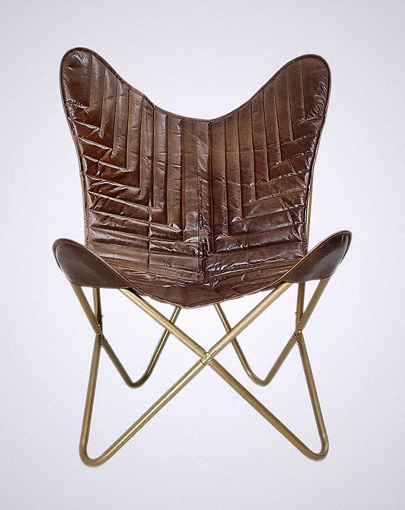 Vintage Genuine Leather Butterfly Chair Metal Frame Lounge Chair